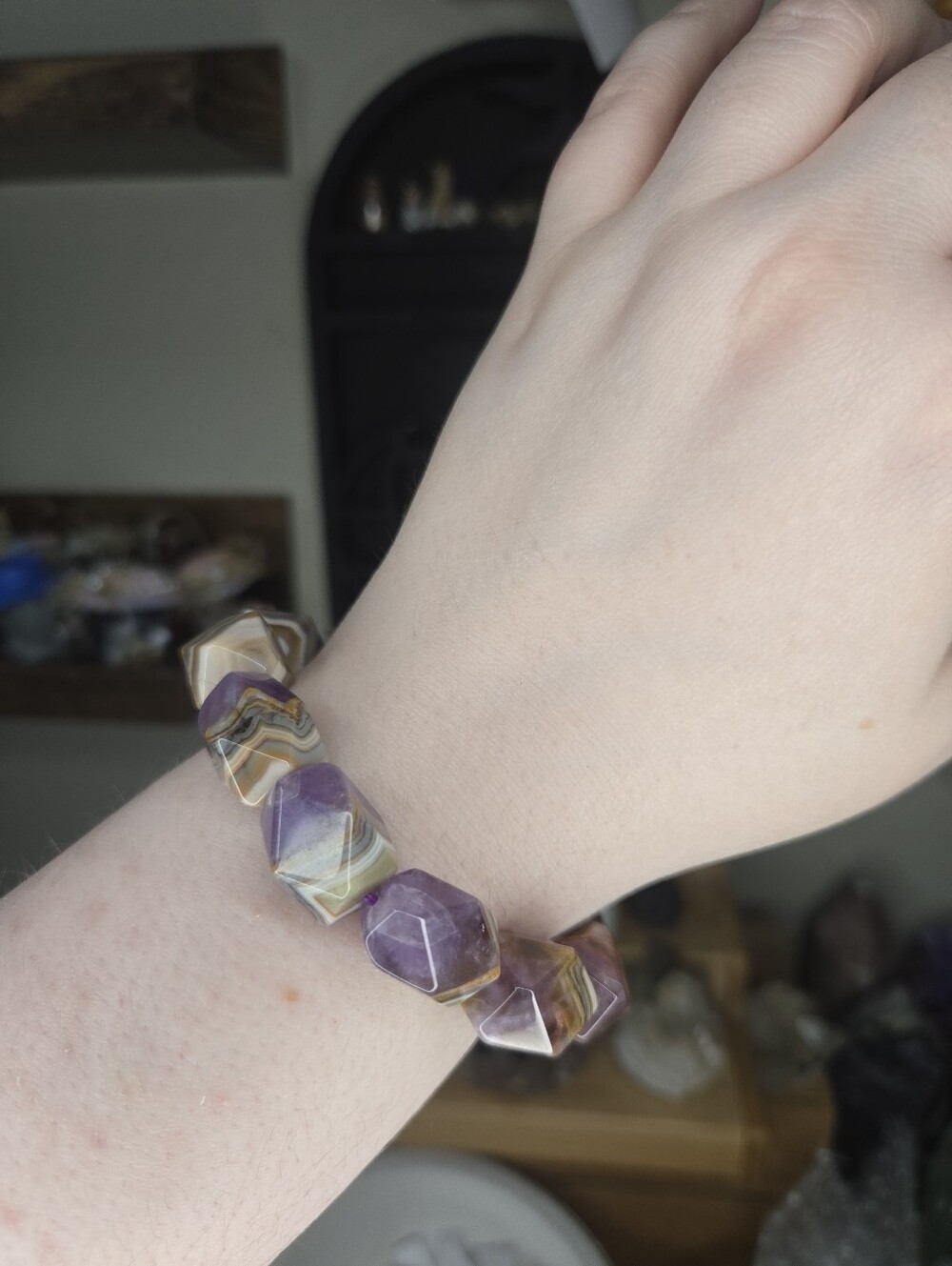 Faceted Amethyst Crazy Lace Agate Crystal Beaded Bracelet